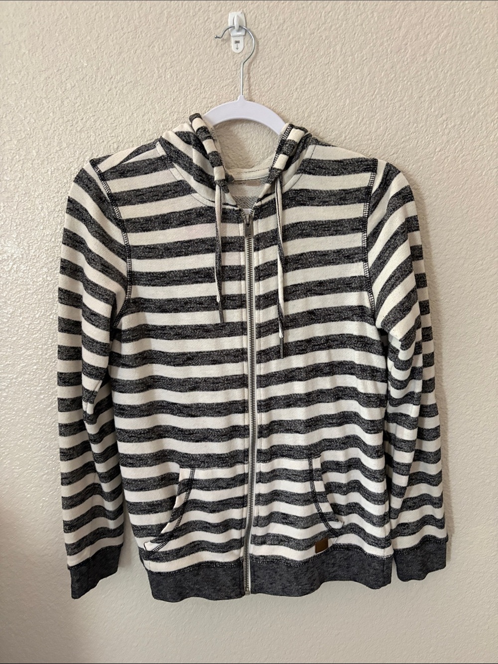 Women's Roxy Hooded Zip Sweater - Gray and White Striped